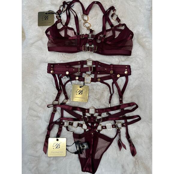 Honey Birdette JOWAL❤️ Wine Red 3 Piece Set 32C Bra, XXS Garter, XXS Thong - Picture 4 of 4